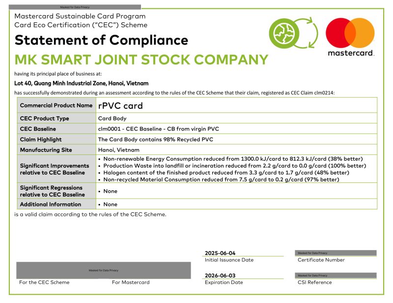 MK Smart đạt chứng nhận CEC của Mastercard cho dòng thẻ rPVC đạt 98% nhựa tái chế